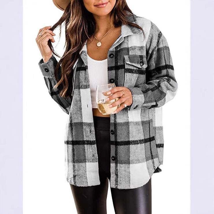 Flannel Button-up Womens Sleeve Plaid Long Woolen Casual