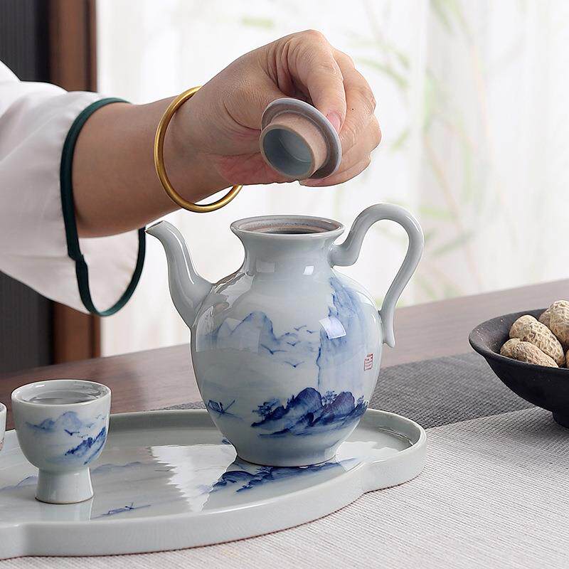 陶瓷中式仿古草木灰手绘酒具酒杯带托盘套装家用白酒分酒器商务礼