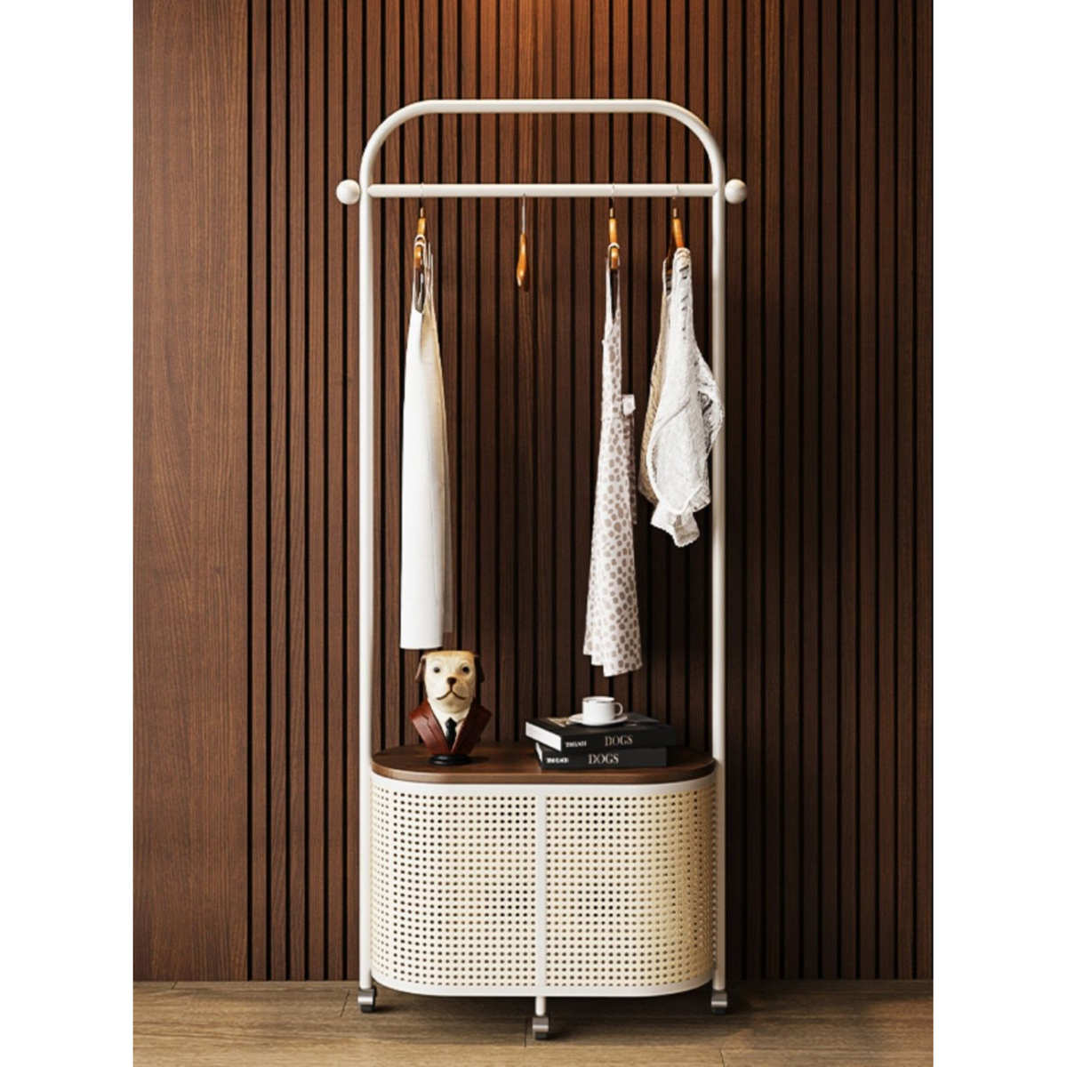 衣帽架落地卧室日式移动仿藤编复古客厅转角脏衣篓轻奢收纳挂衣架