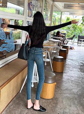 SPYB蜜桃臀系列两粒扣高腰牛仔裤女秋季深蓝色修身显瘦提臀小脚裤
