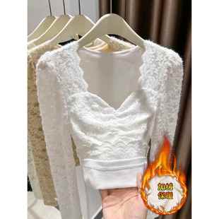 1219e 加绒加厚洋气打底衫 高级感白色V领磨毛蕾丝衫 女秋冬2025新款