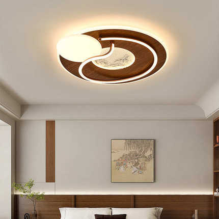 中古风客厅卧室吸顶灯圆形现代简约儿童房走廊过道阳台胡桃木色灯
