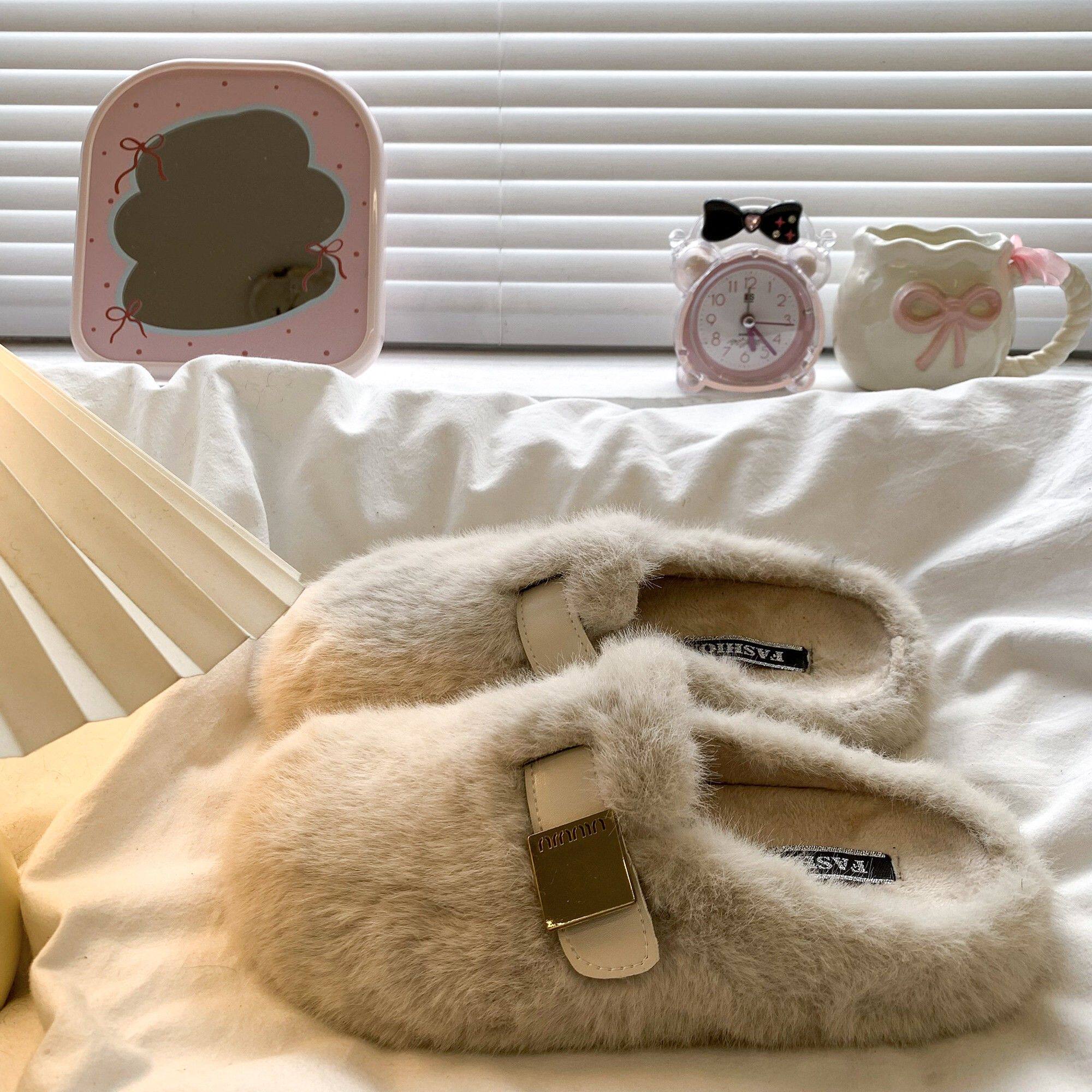 英国真皮厚底包头毛毛拖鞋女外穿2025新款秋冬一脚蹬毛茸茸棉拖鞋