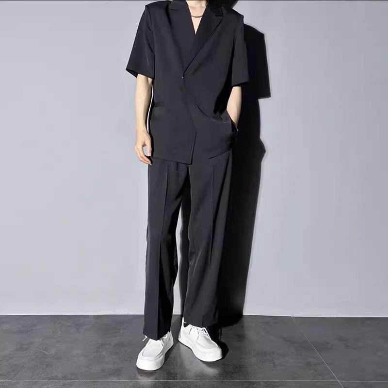 西服套装男士夏季痞帅休闲百搭套装冰丝薄款时尚西装轻熟风两件套
