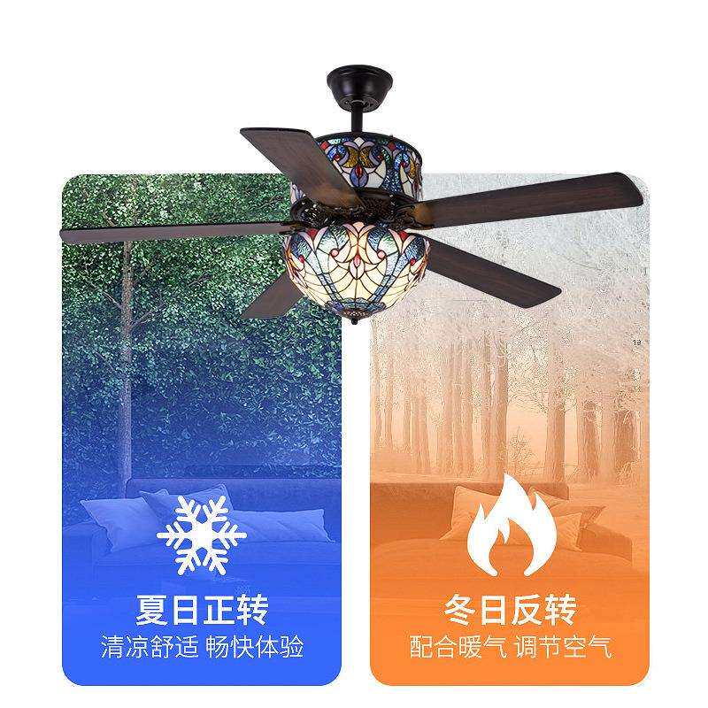 美式复古吊扇灯餐厅风扇灯家用客厅卧室欧式蒂凡尼木叶带电风扇吊