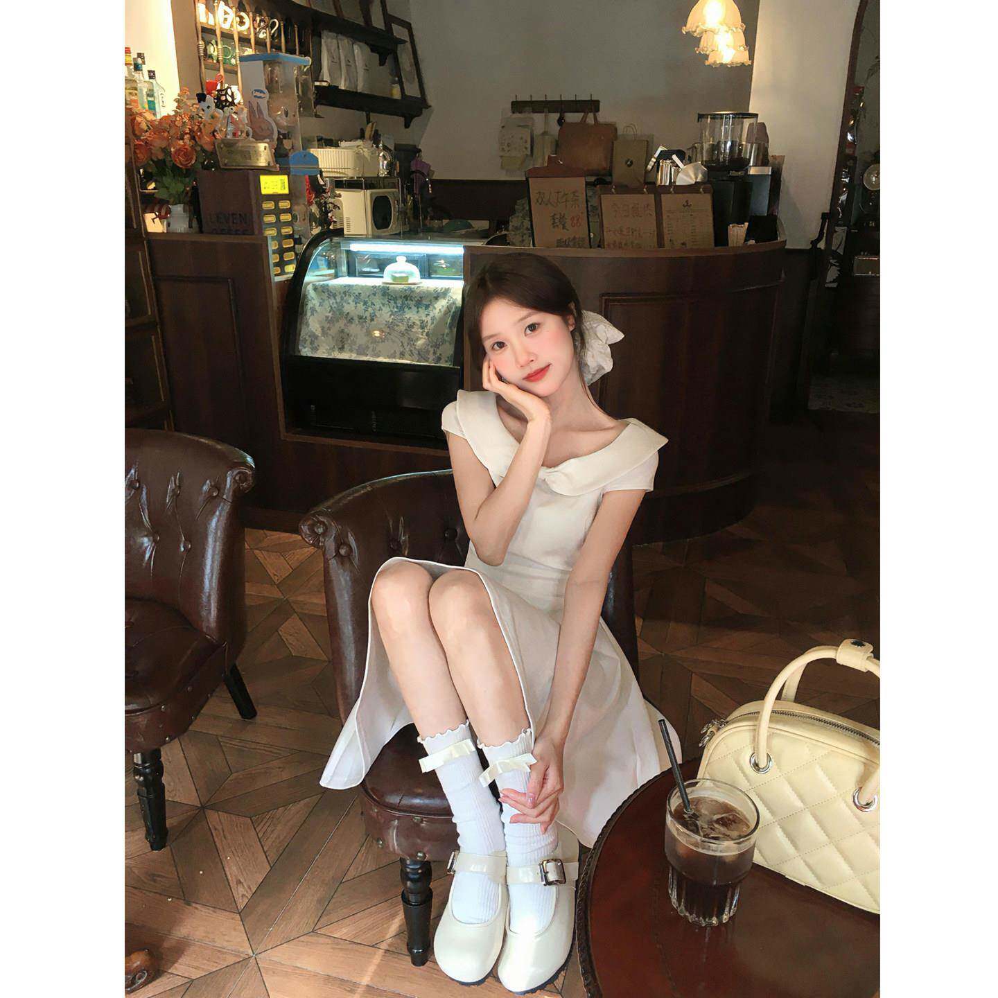 甜美蝴蝶结娃娃领洋装女夏日绝美收腰公主裙气质千金初恋小白裙