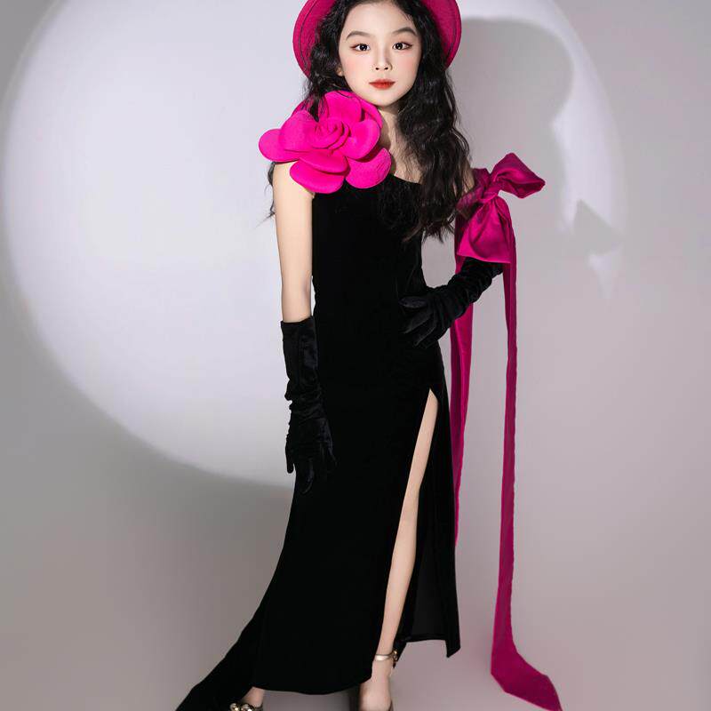 正品儿童多T台走胺秀礼服斜巴肩PK表演服特演出服模法式浪漫拖尾