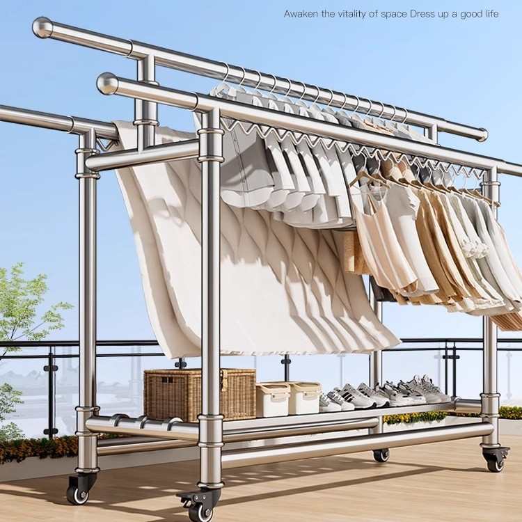 304不锈钢落地晾衣架家用室内外阳台折叠移动伸缩杆晒衣服凉衣架