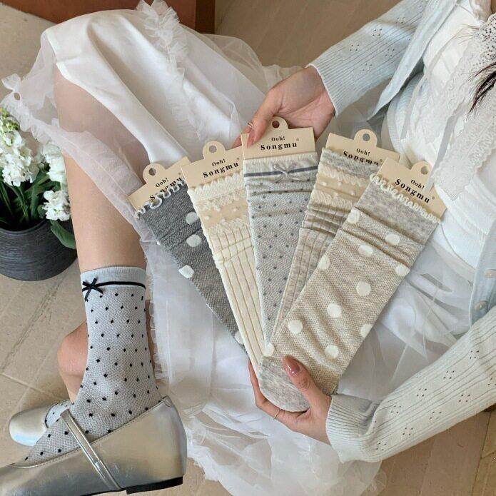 春夏袜子女蝴蝶结夏季薄款少女韩系镂空堆堆袜灰色波点细点女袜