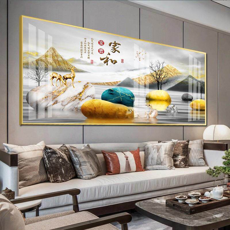 客厅沙装饰画家和万事背现代XPT油画横版玄关轻奢兴晶瓷发景墙壁