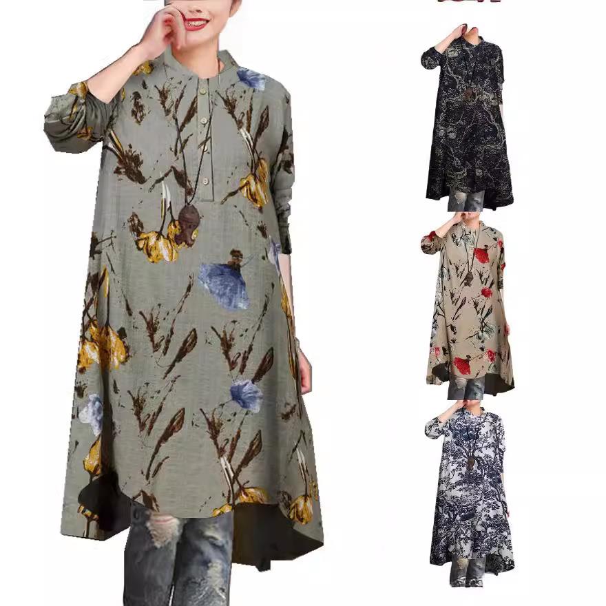 Round Plus Long Size Button Long Floral Womens Loose Neck