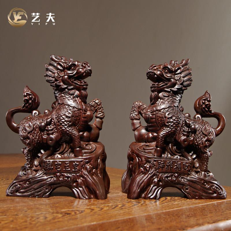 黑檀木雕麒麟摆件实木瑞兽一对家居客厅电视柜办公装饰红木工艺品