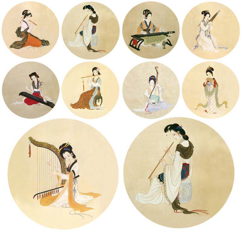工笔画圆形人物团扇10幅初学者线描稿白描底稿勾线实物打印稿512