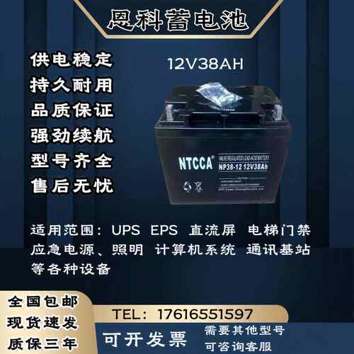 NTCCA恩科蓄电池 12V38AH 直流屏 应急电源 电梯门禁 UPS电源主机