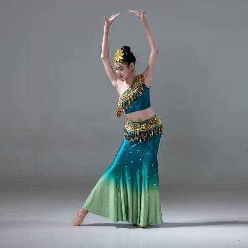 高档傣族舞蹈服装裙表演儿童和女孩艺术考练习裙修身练习表演服试