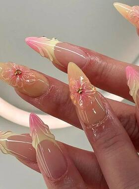 24pcs Almond Press on Nails Flower False Nails Wearable Stic