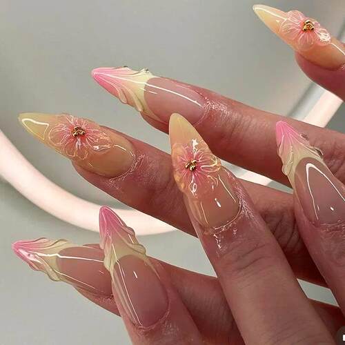 24pcs Almond Press on Nails Flower False Nails Wearable Stic
