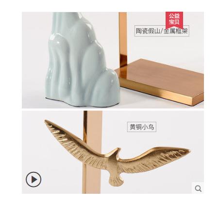 新中式酒店会所别墅客厅玄关软装家居装饰品陶瓷假山大鹏金属摆件