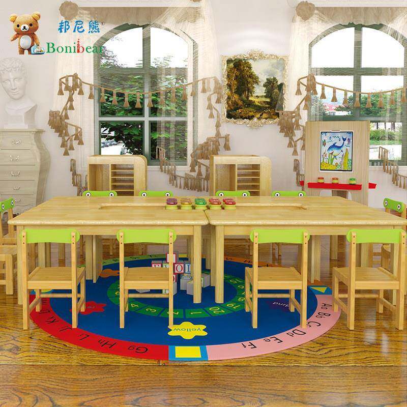 幼儿园实木学习桌橡木章子松儿童阅读美术绘画桌椅组合卡通休闲椅