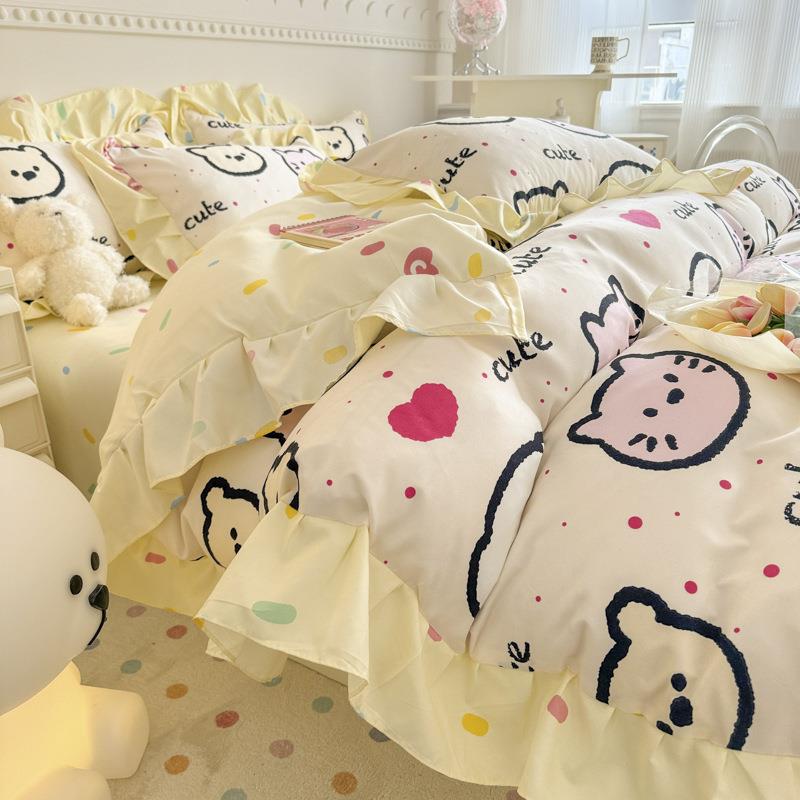 【折扣价】直播堡款韩版花边植物羊绒被套床单加厚磨毛印花四件套