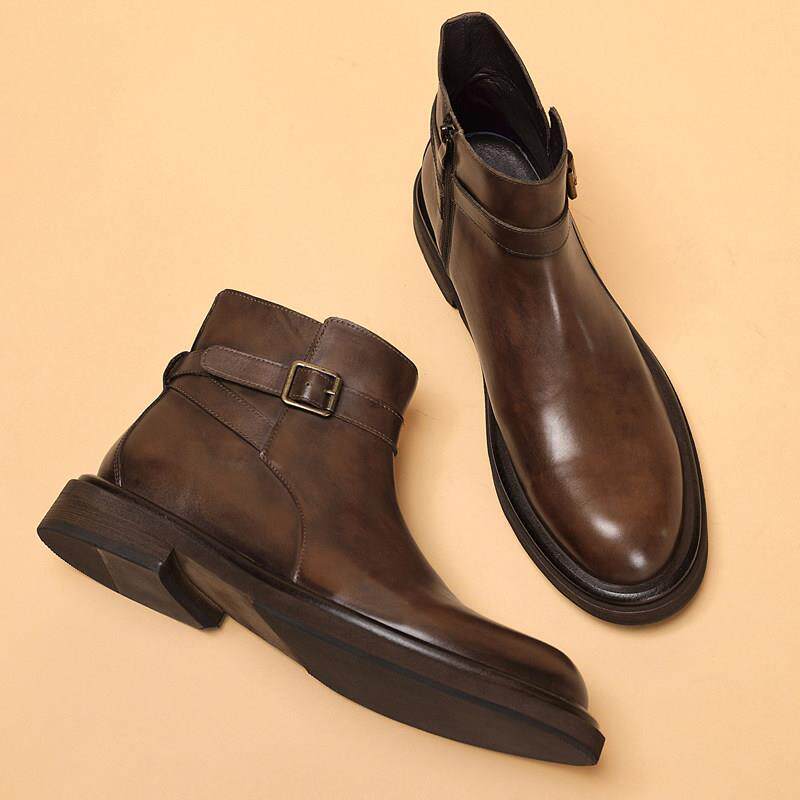 高帮英伦复古真皮短靴切尔西靴男冬季新款加绒保暖中帮软皮马丁靴