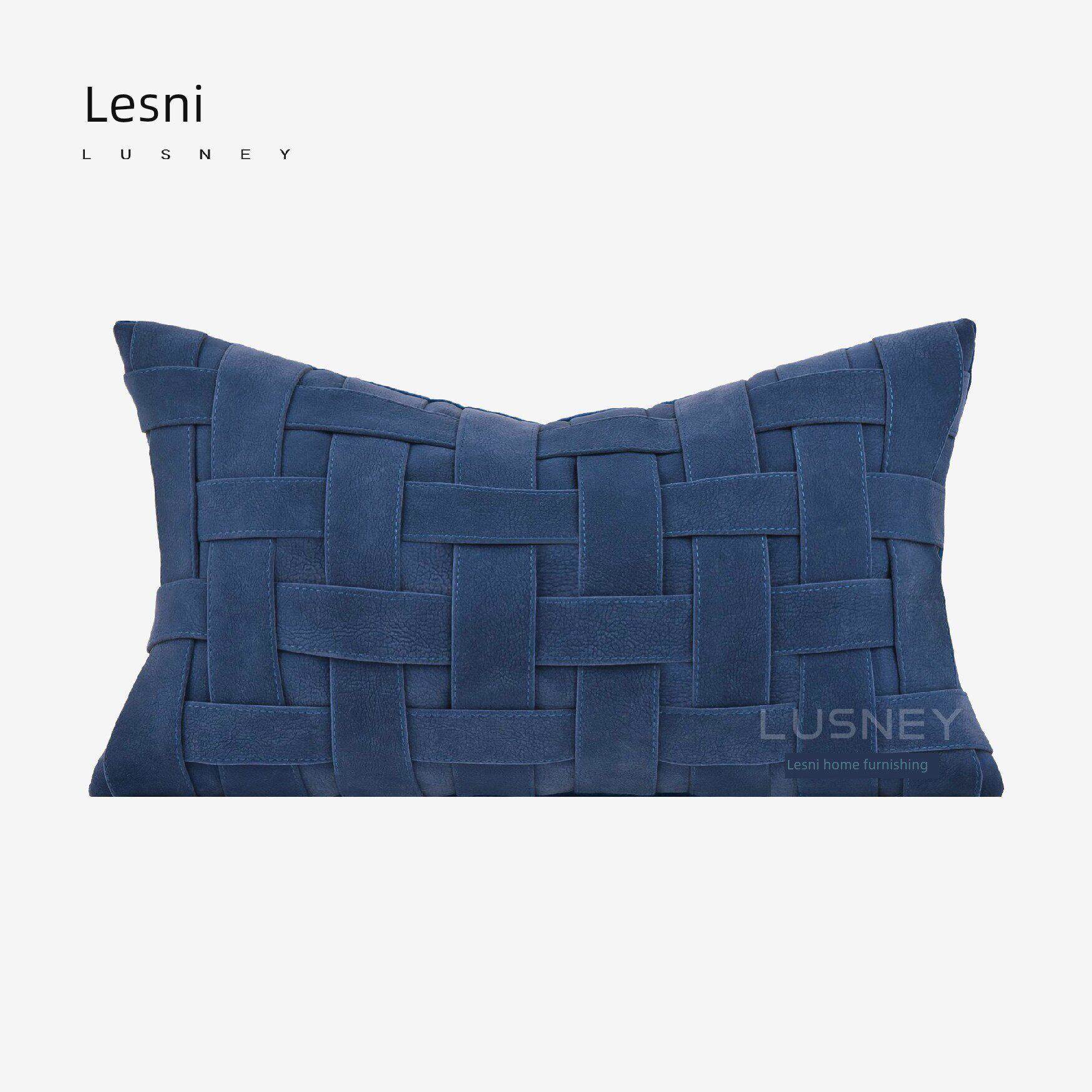 轻奢高档样板间进口鹿皮割绒蓝色编织抱枕沙发客厅靠枕靠垫腰枕
