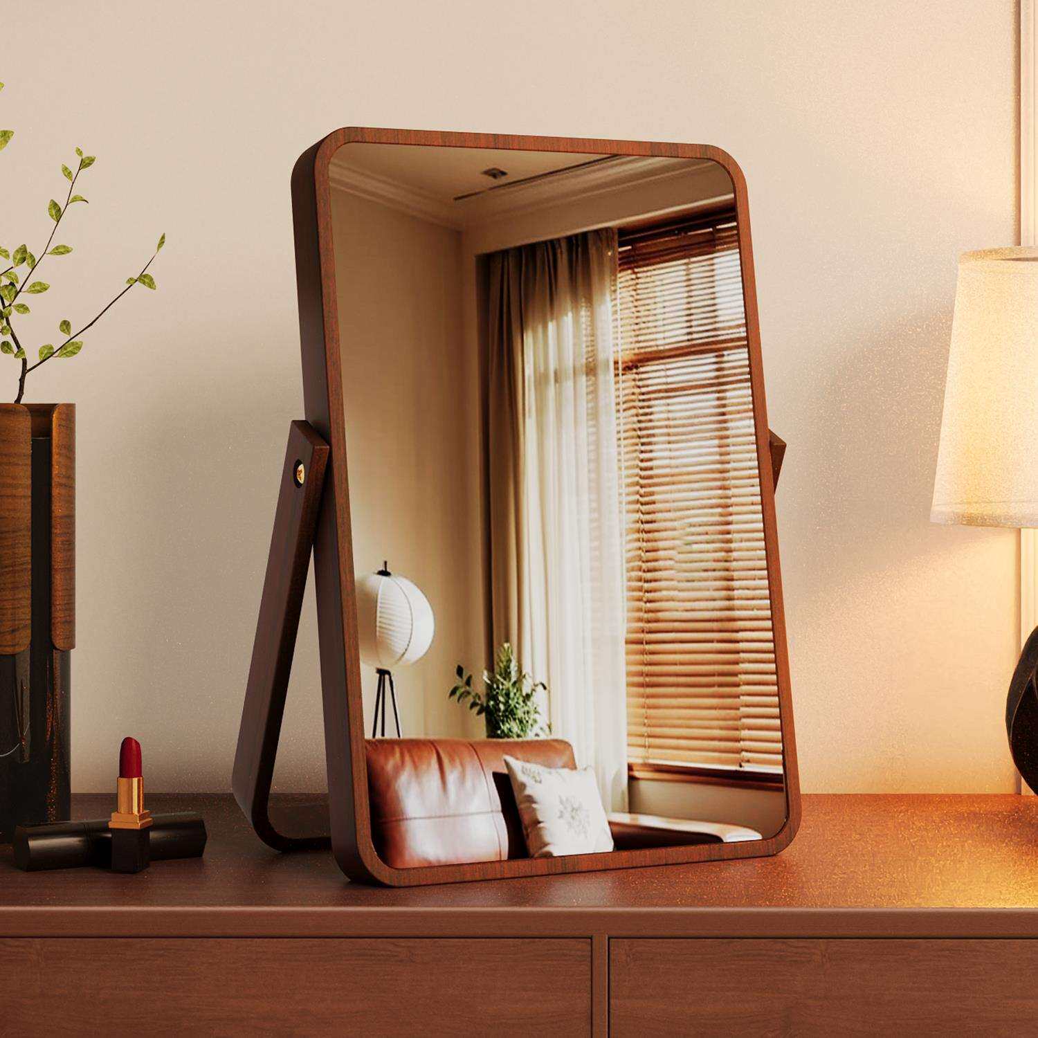 复古实木化妆镜台式桌面家用梳妆台梳妆镜女生卧室便携折叠大镜子