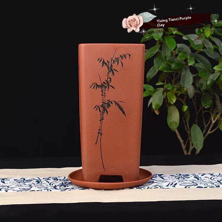 每日特惠宜兴紫砂花盆013小方千桶兰花花盆绿色植物花盆手工花盆