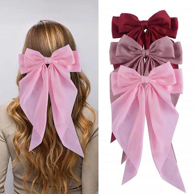 3Pcs Large Elegant Ribbon Bow Hair Clip for Women Simple Sol