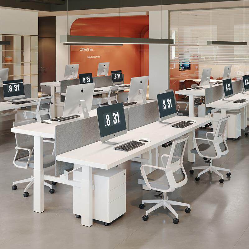 可升降工位桌带挡板电动立式实站木双人电脑桌工员白办色442屏风