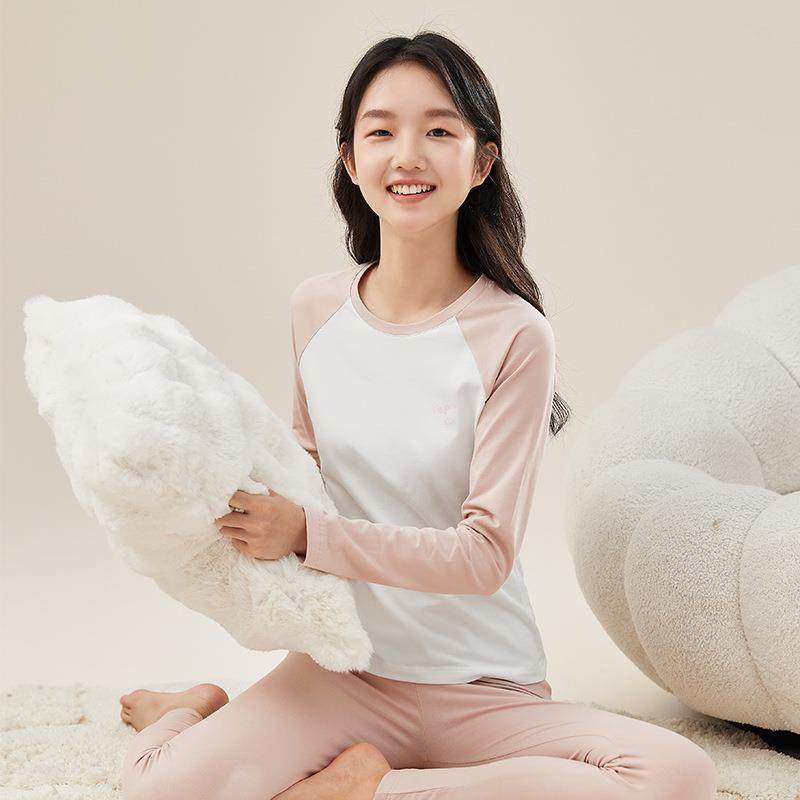 女生纯棉保暖套装薄款修身春秋打底棉毛衫青少年学生拼色秋衣秋裤