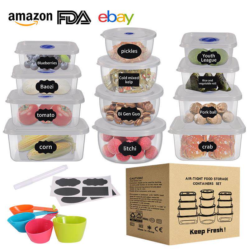 跨境热卖透明PP保鲜盒圆方形冰箱收纳保鲜盒12件套水果蔬菜储鲜盒