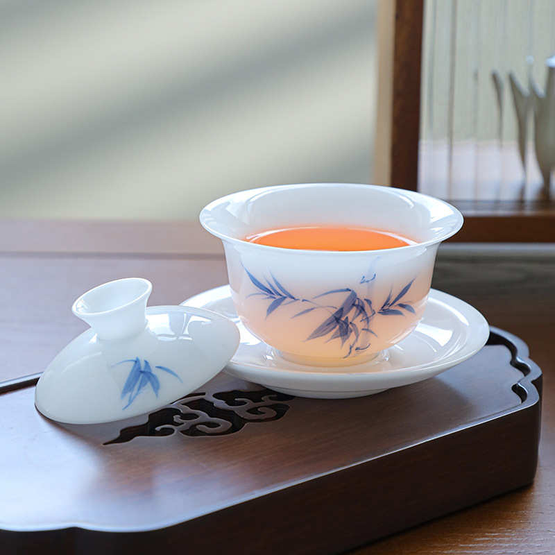 厂家冰种玉瓷釉下手绘三才盖碗功夫茶具中式陶瓷敬茶泡茶碗定制l