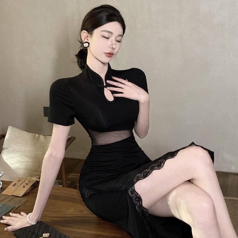 直播衣服女主播上镜高级年轻款性感镂空网纱拼接改良版旗袍洋装