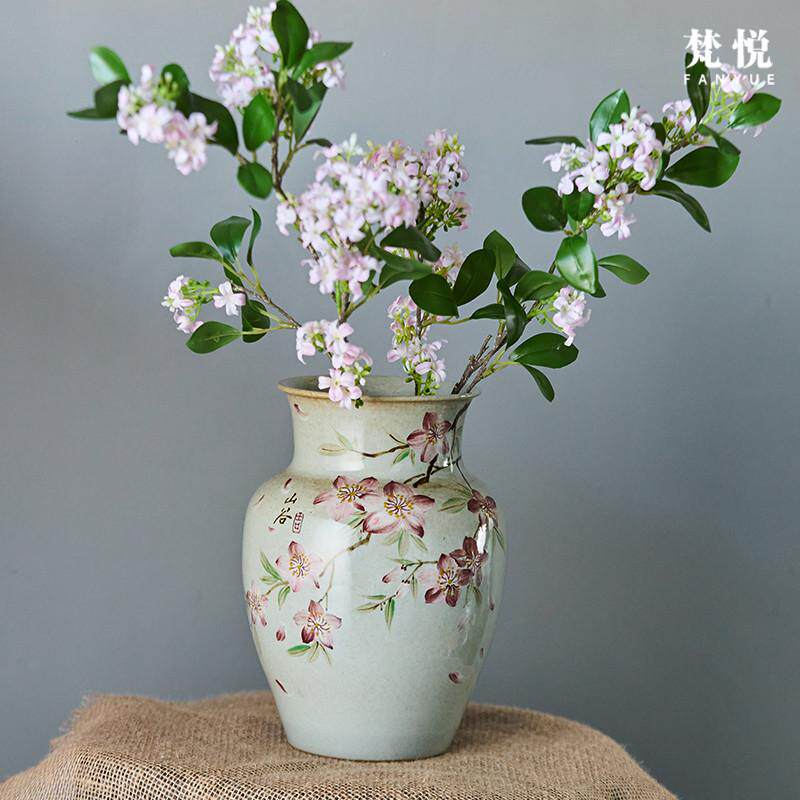 客厅餐桌玄关手绘桃花景德镇梵插花花瓶悦 摆件中式陶瓷山谷装饰