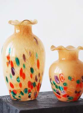 法式中古手绘奶玉彩绘黄彩点点琉璃花瓶小众艺术中古花器家居摆件