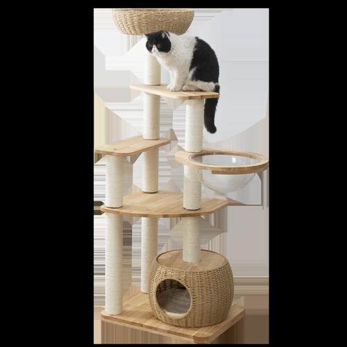 实木猫爬架猫窝猫树一体太空舱猫抓板编织窝藤编剑麻猫架不占地