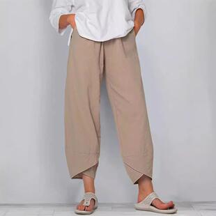 宽松休闲棉麻松紧腰九分裤 2020新款 阔腿裤 独立站爆款 女 热卖