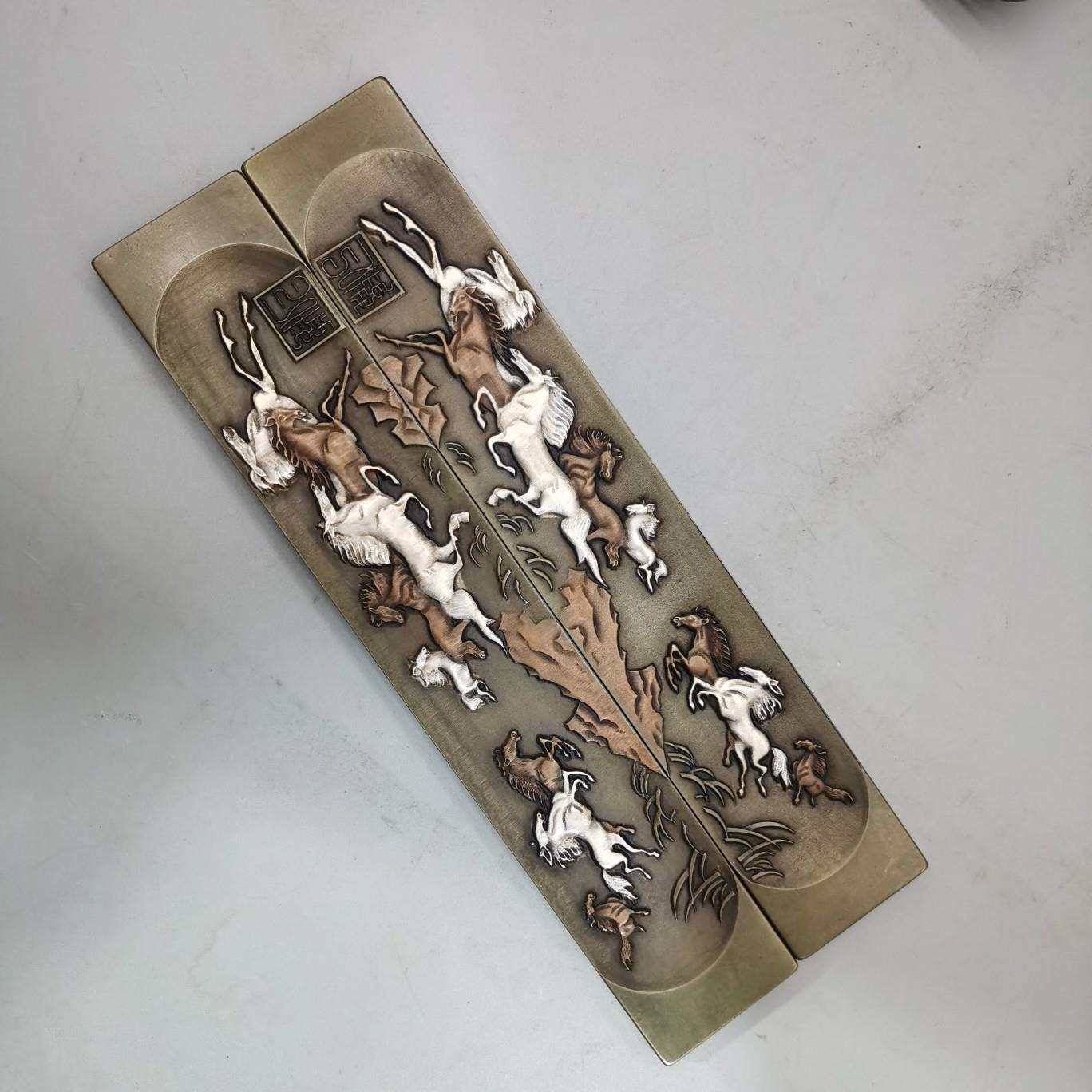 古玩杂项收藏仿古老旧铜物件文房四宝八骏图镇尺古玩收藏工艺品