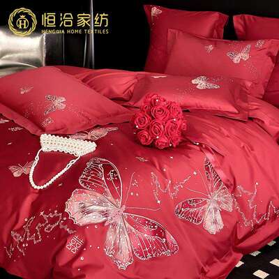 高端浪漫婚庆全棉长绒棉四件套唯美蝴蝶刺绣新婚红色被套床上用品