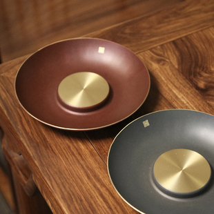 纯铜大漆茶承壶承黄铜干泡盘日式 复古茶具配件 紫砂壶垫功夫中式