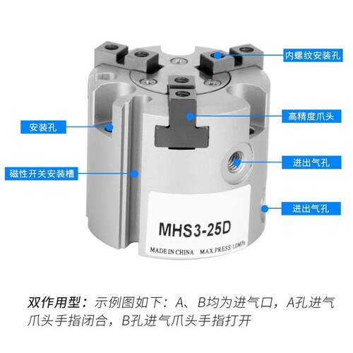 SMC型二爪三爪四爪气动卡盘手指气缸MHS2/3/4-16D20D25D32D40D