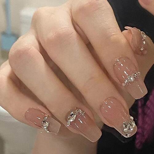 纯手工穿戴甲高级感碎钻美甲燕麦色秋冬款指甲贴爆闪贴片可拆卸