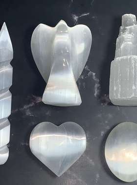 摩洛哥 玄精石 透石膏 水晶 雕刻摆件 爱心 月亮