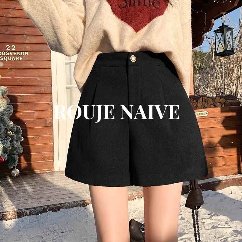 ROUJE NAIVE毛呢短裤女春秋季新款配靴子高腰宽松休闲a字阔腿裤子