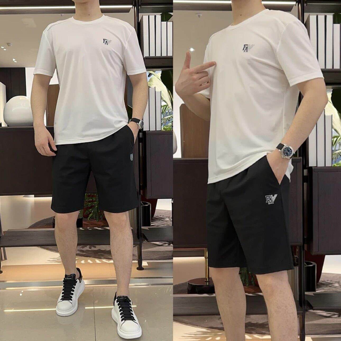 冰丝休闲套装男士夏季潮牌速干透气网眼运动服宽松短袖短裤两件套