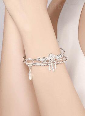 羽毛球手环复古风三生三世镀银手镯三环镂空玲珑球情定三生手镯