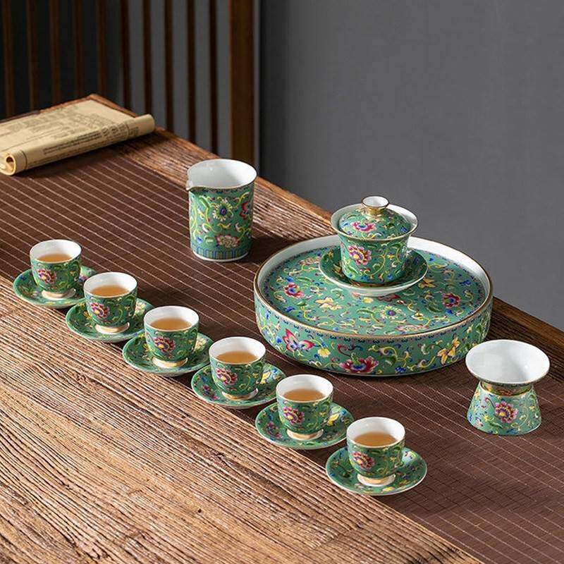 国潮风中式珐瑯彩陶瓷功夫茶具套组家用办公室会客泡茶壶茶杯高档