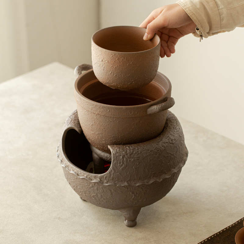 复古粗陶煮茶炉大号明火烧水温茶炭炉中式家用围炉煮茶碳炉套装