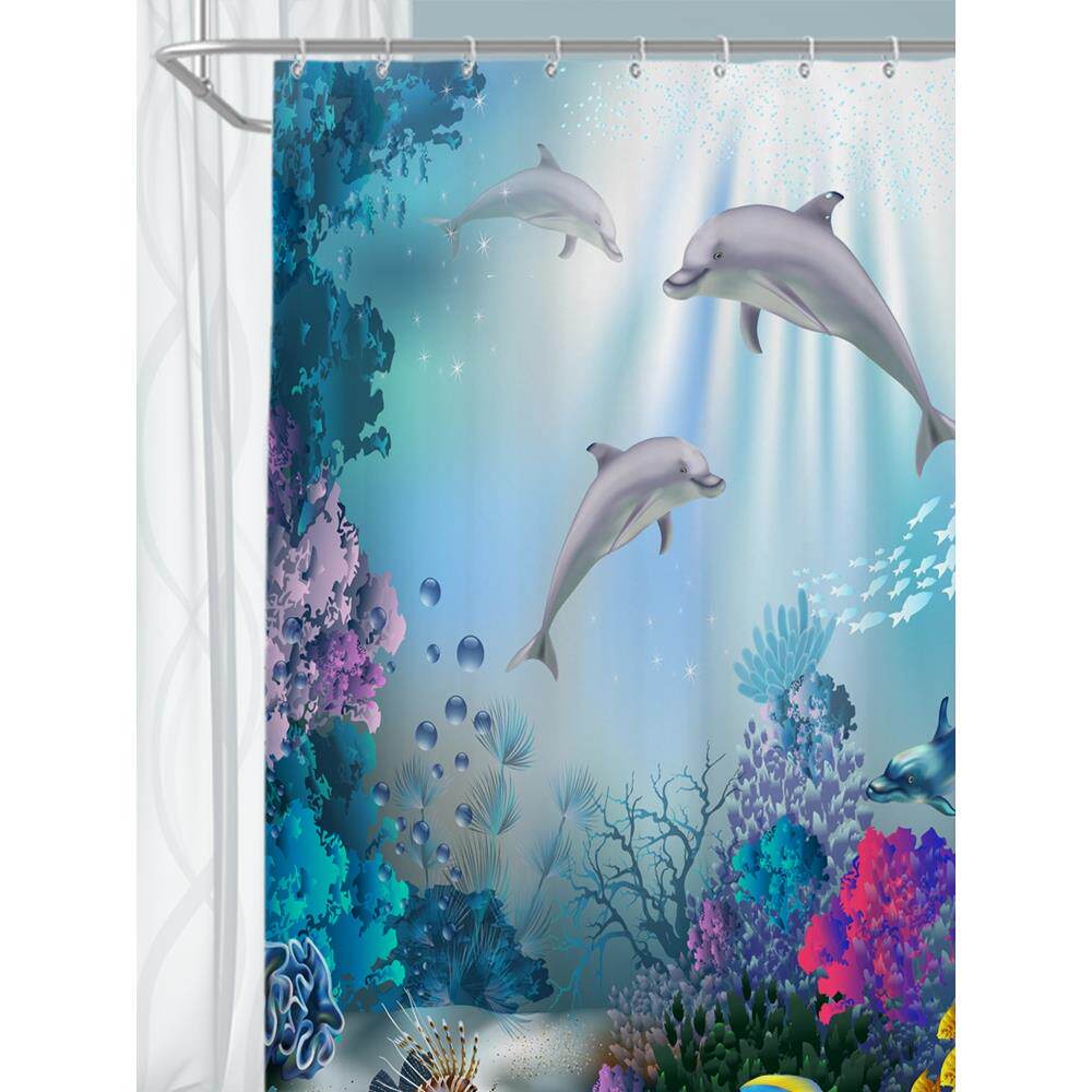 蓝色海底风光粉色可爱海豚珊瑚浴帘杆套装防水、防霉、速干、耐污